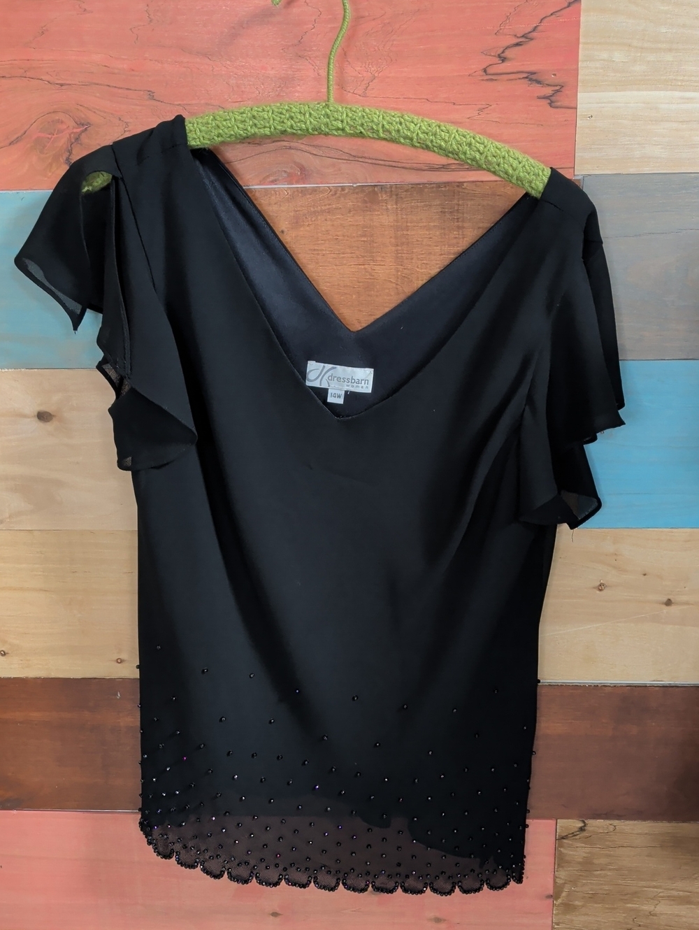 dressbarn Black V-Neck Beaded Flutter Sleeve Blouse